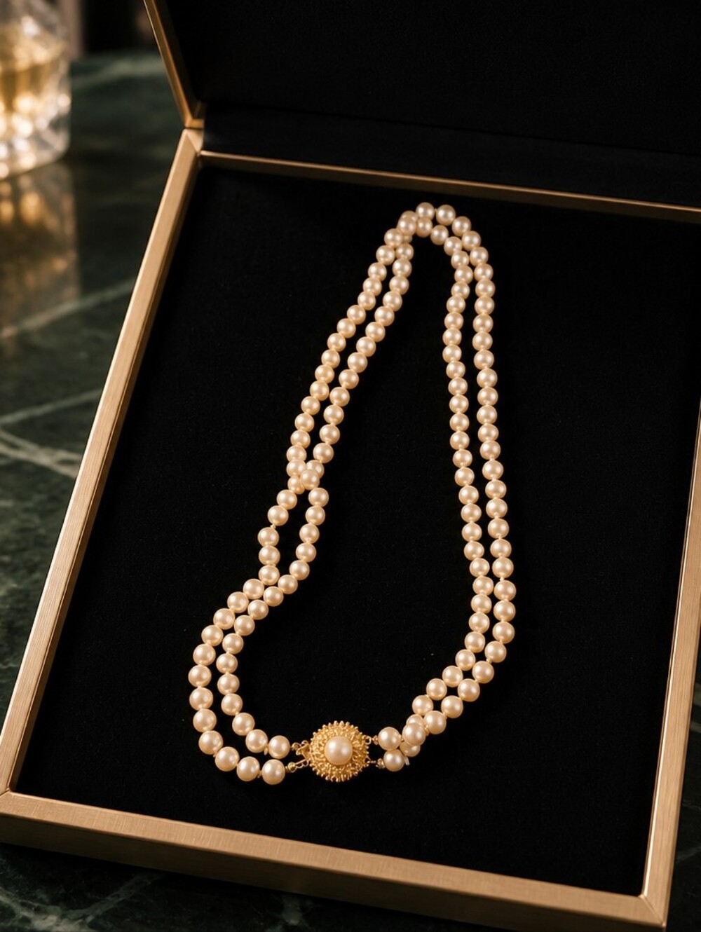 Vintage Classic Double-Strand Pearl Necklace with Gold Clasp